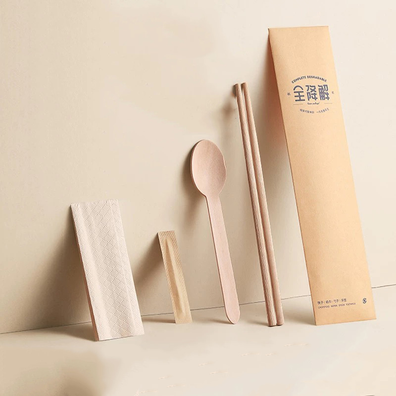 Bộ 4 Đũa Tre Dùng Một Lần Với Bộ Muỗng Muỗng Có Thể Phân Hủy Sinh Học Khăn Ăn Bộ Dao Kéo Giấy Có Thể Phân Hủy